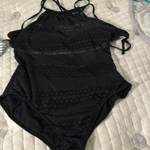 One piece partial see through black swim suit